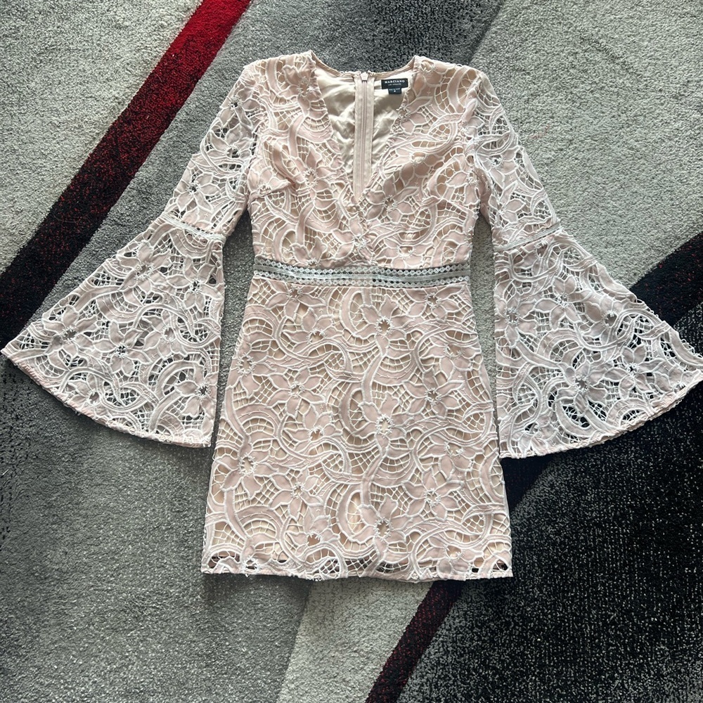 Marciano Pink Floral Lace Bell Sleeve Mini Dress